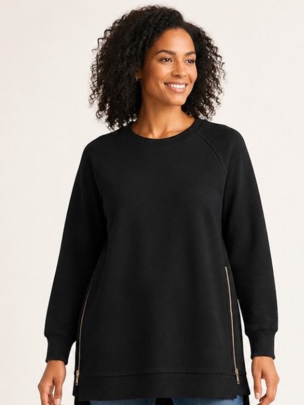 Anrabess Black Ribbed Crewneck
Sweatshirt Gold Side
Zippers Women Size S